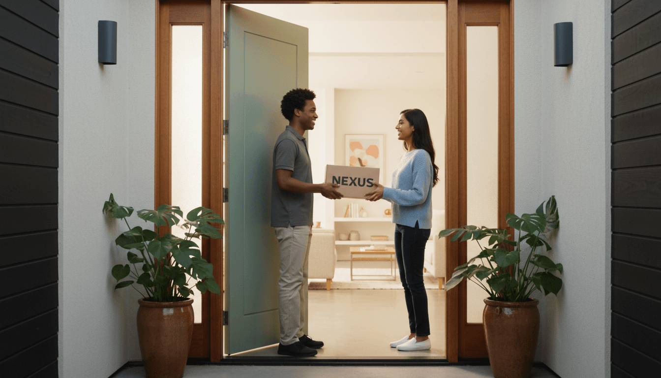 Delivery person handing cardboard package to smiling customer at residential doorway with natural daylight streaming in