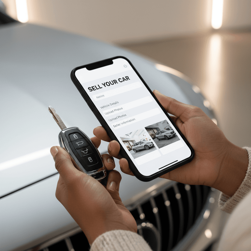 Seller's hands holding vehicle key and smartphone displaying marketplace listing form in garage setting