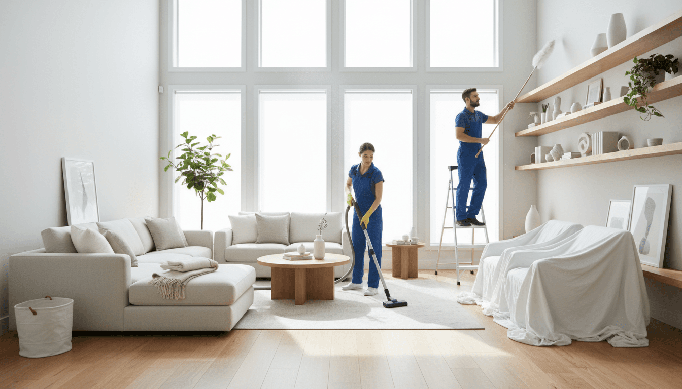 Two professional cleaners vacuuming and dusting a bright residential living room during deep clean